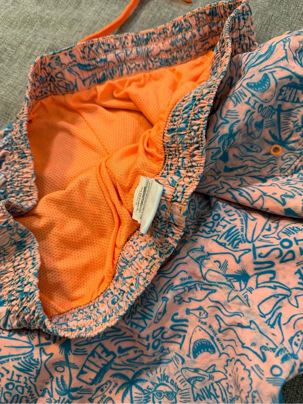 Nike Coral Swim Shorts with Blue Print and Orange Drawstring size XL 3 pockets